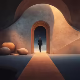 the person in a suit is walking toward the doorway