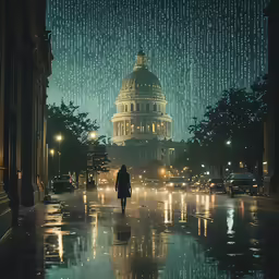 a person walking across a rain soaked street
