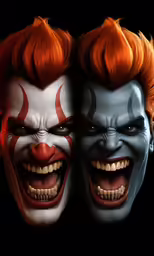 two men in clown makeup on a dark background
