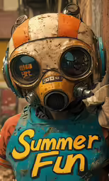 a close - up of a rusty gas mask and some words