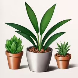 three pots on a white background are filled with different kinds of plants