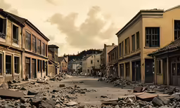 a street filled with rubble and a lot of broken up buildings