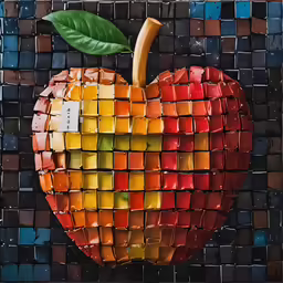 an apple is surrounded by square, colorful tiles