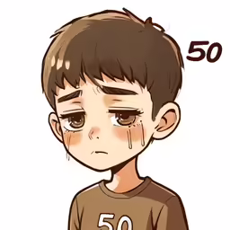 a young boy crying with the number 50 on his face