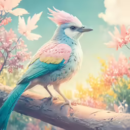 a blue, pink and yellow bird sitting on a branch