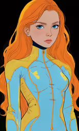 a drawing of a woman wearing blue and yellow