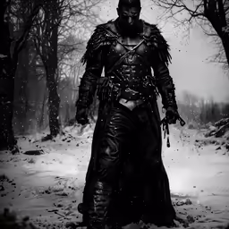 a man in the snow holding a sword