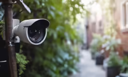 the small security camera is on the outside wall