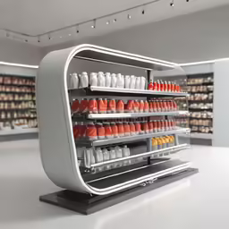 a shelf with many different condiments in a shop