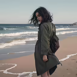 woman with purse on beach walking alone