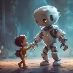 an artificial child and a robot in a forest