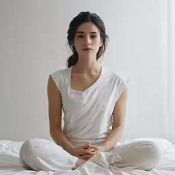 a woman sits in the middle of a bed and meditates