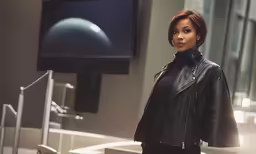 a woman standing in a room with a television behind her