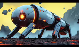the futuristic robot is walking across the rocky terrain
