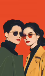 two women standing next to each other in front of an orange background