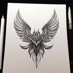 a drawing of an owl with wings in black and white