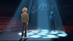 two young people standing in front of a stage,the two people are standing in front of a large stage