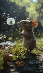 a small mouse blowing dandelion on top of a field