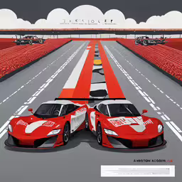 a red racing car on a race track,the front of a red sports car is shown with its brake lights on
