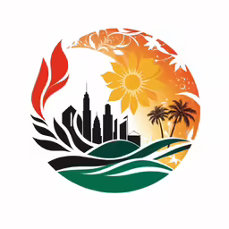 a city with trees, palm trees, sun and flowers