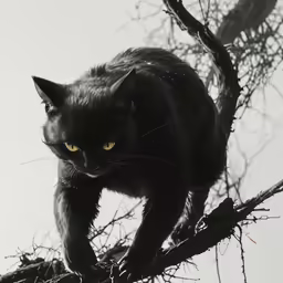 a black cat perched on the side of a bare branch