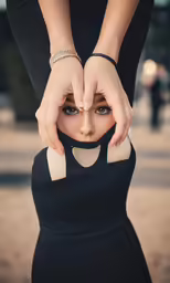woman in black dress putting her hands over face