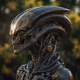 an alien queen stares menacingly at the camera