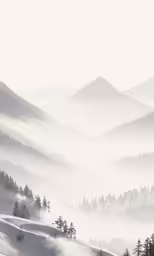 a view from a hill with trees in the fog