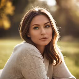 a woman in a sweater posing for a picture