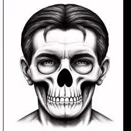 a black and white drawing of a skull with a human face