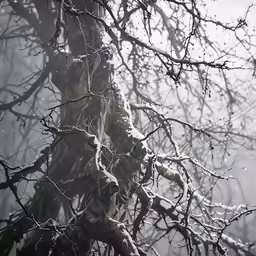 a tree in the woods covered with snow