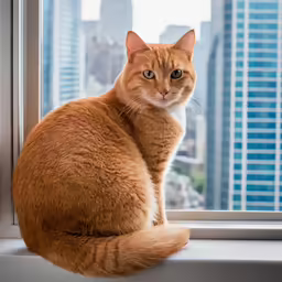a cat sitting in a window sill looking out at the city