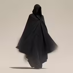 a person standing in the middle of the room wearing a cloak