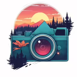 a stylized camera with trees and the sun in the background