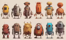 a group of little robots standing around each other