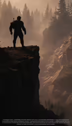 a large man on a cliff looking at the mountains