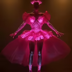 a female mannequin dressed in pink with light on