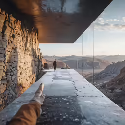 a person pointing towards some rocks in the distance