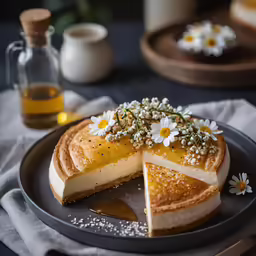 a plate with cake covered in flowers on it