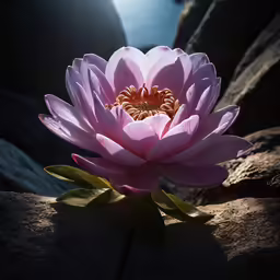 a big pink flower sitting on a rock near water