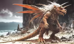 the dragon is sitting in the dirt on the beach