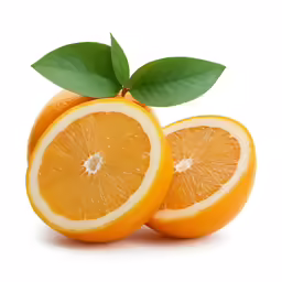 three pieces of orange with one green leaf cut into four halves