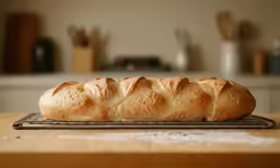 a long loaf of bread sitting on top of a baking sheet