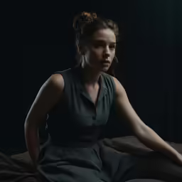 a woman sitting on top of a bed in a dark room
