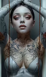 a woman is posing with a chains and bra