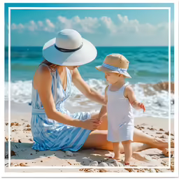 a woman and child sitting on the beach in sun clothes