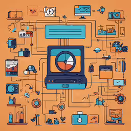graphic design showing how we can utilize computer user data,a computer is depicted in this graphic on orange background
