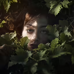 a woman looking out from under a bush of green plants
