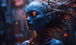a woman with white skin and red eyes