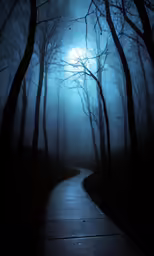 night scene in a park with a walkway and some fog